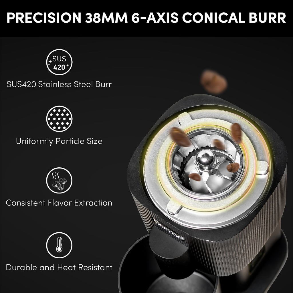 Geimori T38-The True Pro Grade Portable Coffee Grinder with 38mm Conical Burrs, 3600mAh Batteries, Stepless Grind Settings
